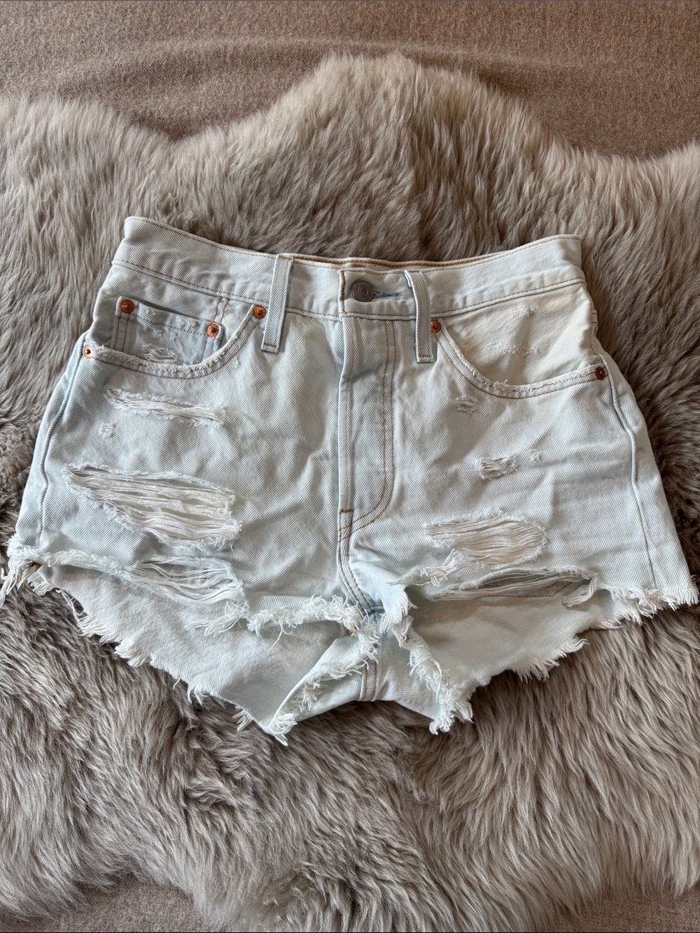 Levi's 501 Light Blue Distressed Denim Shorts with Frayed Hem